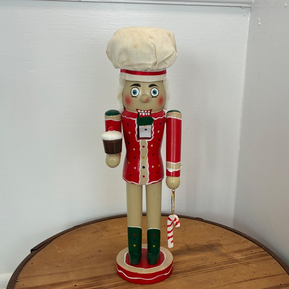 Vintage Wooden Nutcracker Baker Chef with Cupcake and Candy Cane Figurine 11"‎